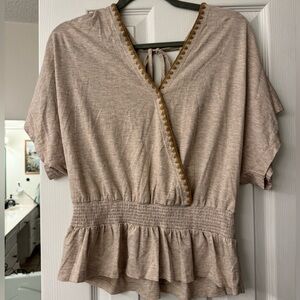 Hem & Thread Dolman Sleeve Tan Cream Wrap Blouse